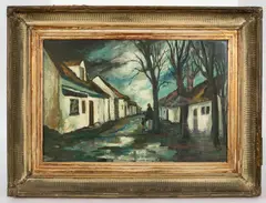 Markey Robinson, Landscape with Cottages, Woman and Child, oil on canvas