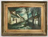 Landscape with Cottages, Woman and Child by Markey Robinson, oil on canvas, sold May 2024