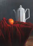 Peter Kotka, Still Life with Orange and Coffee Pot, oil on linen panel