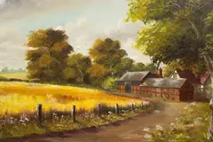 Peter Kotka, Farm Buildings at Kinwarton, oil on masonite panel