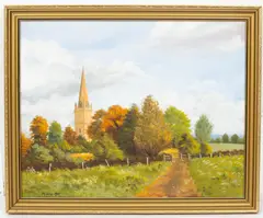 Honeybourne Church by Peter Kotka, oil on masonite panel, sold May 2024