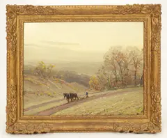 Arthur Meade, Landscape with Plough Horses to Foreground, oil on board