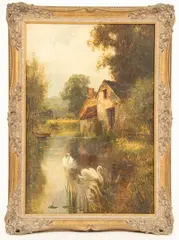 Swans on a River by Ernest Walbourn, oil on board, sold Jul 2024