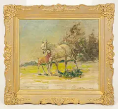 Arthur Spooner, A Mare and Foal in a Landscape, oil on canvas board