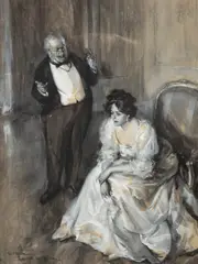 Conversing Edwardian Couple by Steven Spurrier, watercolour and gouache, sold Jul 2024