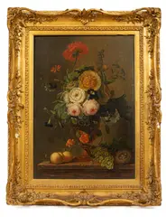 Jan van Os, Roses, Carnations, Morning Glory and Other Flowers, in an urn on a marble ledge with grapes