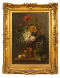 Jan van Os, Roses, Carnations, Morning Glory and Other Flowers, in an urn on a marble ledge with grapes