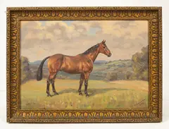 Horse in a Landscape by Major George A Cattley, oil on canvas board, sold Apr 2024