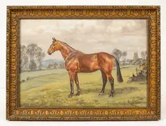 Horse in a Landscape by Major George A Cattley, oil on canvas board, sold Apr 2024