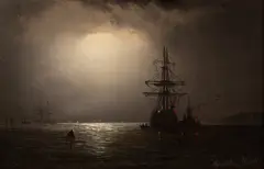 William Adolphus Knell, Shipping by Moonlight, oil on board
