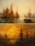 William Adolphus Knell, Ships at Anchor, Sunrise and Sunset, oil on canvas