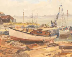 Sydney Foley, Boatyard, River Tamar, oil on board