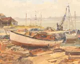 Sydney Foley, Boatyard, River Tamar, oil on board