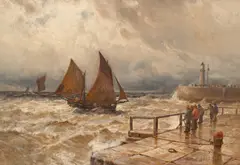 Fishing Boats in Stormy Seas off Harbour Wall by Gustave de Breanski, oil on canvas, sold Feb 2024