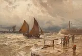Gustave de Breanski, Fishing Boats in Stormy Seas off Harbour Wall, oil on canvas
