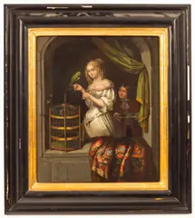 Caspar Netscher, Interior with woman feeding a parrot, oil on canvas