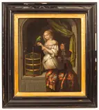 Caspar Netscher, Interior with woman feeding a parrot, oil on canvas