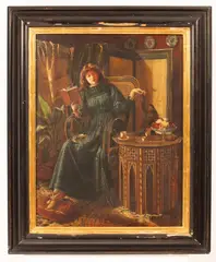 Julia Bracewell Folkard, Interior with Seated Young Woman and Monkey, oil on canvas