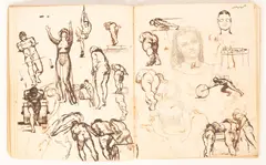 Henry Marriott Paget, Artist’s Sketchbook, pencil, pen and ink, grey wash and watercolour on paper (bound with marbled boards)