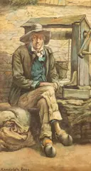 H Randolph Rose, Old Man in Clogs Sitting by a Well, watercolour