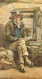 H Randolph Rose, Old Man in Clogs Sitting by a Well, watercolour