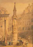 Samuel Prout, The Fountain in Basel, watercolour on card