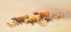 Frederick E. Valter, Highland Cattle and Sheep Caught in a Snowdrift, watercolour