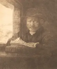 Rembrandt Harmensz van Rijn, Untitled, Self-Portrait etching at a Window