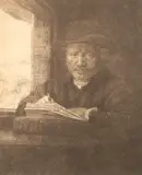 Untitled by Rembrandt Harmensz van Rijn, Self-Portrait etching at a Window, sold Feb 2024