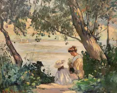 Emmanuel-Charles Bénézit, Dame et Enfant, Vetheuil, oil on board, with the original gallery catalogue
