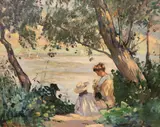 Emmanuel-Charles Bénézit, Dame et Enfant, Vetheuil, oil on board, with the original gallery catalogue