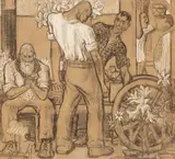 Harold Dearden, Mill Workers, black chalk heightened with white