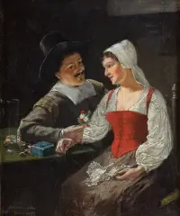 Josef Wischniowsky, ZALOTY, olej, deska mahoniowa