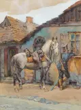 Stanisław Bagieński, UŁAN POD OKIENKIEM, 1921, akwarela, gwasz, papier