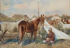 Juliusz Holzmüller, NA KOŃSKIM TARGU, 1918, akwarela, gwasz, papier