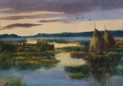 Mieczysław Korwin Piotrowski, STOGI NA MOKRADŁACH, olej, płótno