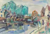 Henri Epstein, PEJZAŻ Z ÉPERNON, RUE DE GRANDT PONT, ok 1941, akwarela, ołówek, karton