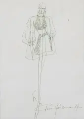 Paco Rabanne, MODELKA W PRZEZROCZYSTYM PŁASZCZU, 1997, atram. zielony, pióro, papier