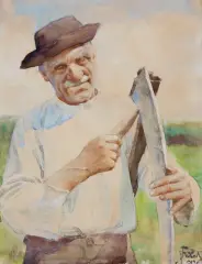 Julian Fałat, KOSIARZ, 1914, akwarela, ołówek, papier