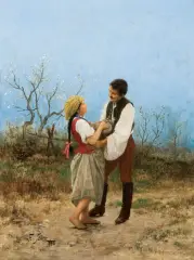 Franz Streitt, ZALOTY, 1886, olej, deska mahoniowa
