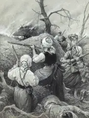 Charles-Boris de Jankowski, SERBSKIE KOBIETY, 1915, tusz, akwarela, gwasz, kredka, szary karton