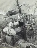 Charles-Boris de Jankowski, SERBSKIE KOBIETY, 1915, tusz, akwarela, gwasz, kredka, szary karton