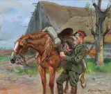 UŁAN Z KONIEM by Wojciech Kossak, 1932, olej, tektura, sold Mar 2021