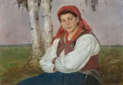 Wincenty Wodzinowski, W CIENIU BRZÓZ, olej, tektura