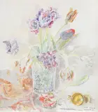 Maja (Maria) Berezowska, KWIATY W SZKLANYM WAZONIE, 1955, ołówek, akwarela, karton