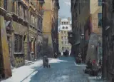 WARSZAWA, ULICA WĄSKI DUNAJ by Władysław Chmieliński, olej, płótno, sold Mar 2021