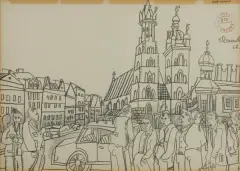 Edward Dwurnik, Kraków. Rynek Główny, 1967, ołówek, karton