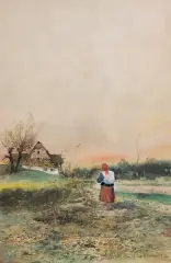 Juliusz Holzmüller, POWRÓT DO DOMU, akwarela, gwasz, papier