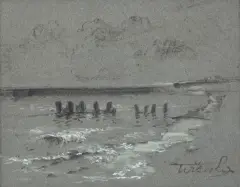 Wiktor Zin, Falochron, pastel, gwasz, papier żeberkowy brunatnozielony