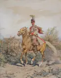 Juliusz Kossak, KRAKOWSKI DRUŻBA, 1896, akwarela, papier